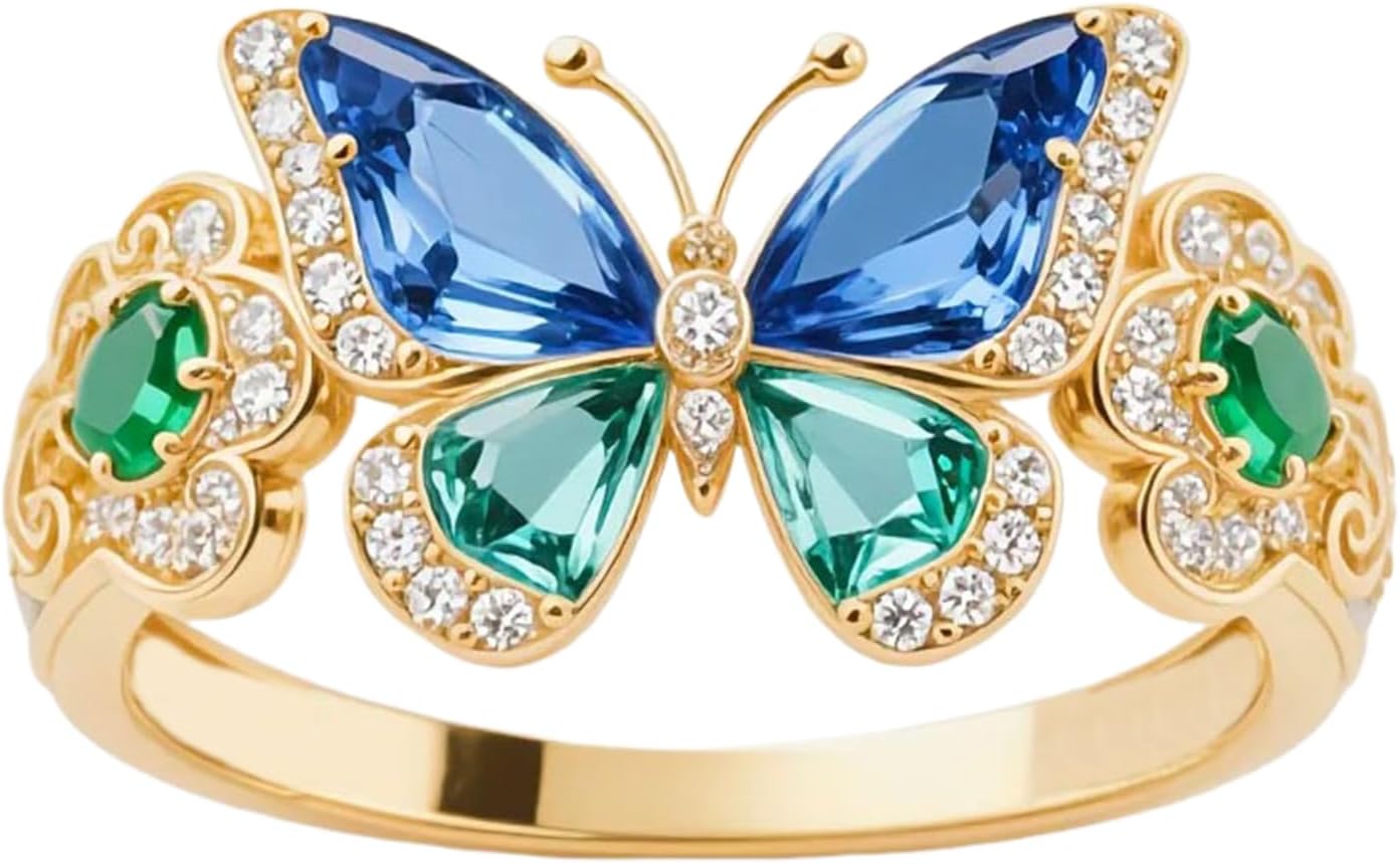 10k/14k/18k Real Gold Birthstone Butterfly Ring for Women, 925 Sterling Silver Moissanite Butterfly Bridal Wedding Ring, Anniversary Engagement Gift for Wife Mother, Free Engraving