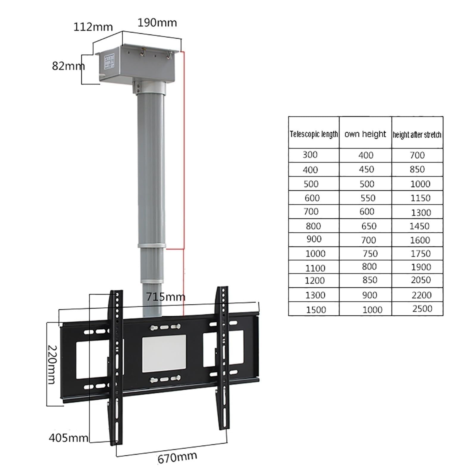 Elevador de TV eléctrico de Techo - Soporte de Pared para TV - Soporte Ajustable para TV - Soporte Elevador motorizado con Control Remoto, Soporte de Techo motorizado, abatible 90°, compati