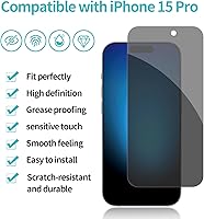 Vista 2 de PEHAEL 2+2Pack para iPhone 15 Pro protector de pantalla de privacidad con protector de lente de cámara, cobertura completa, película de vidrio