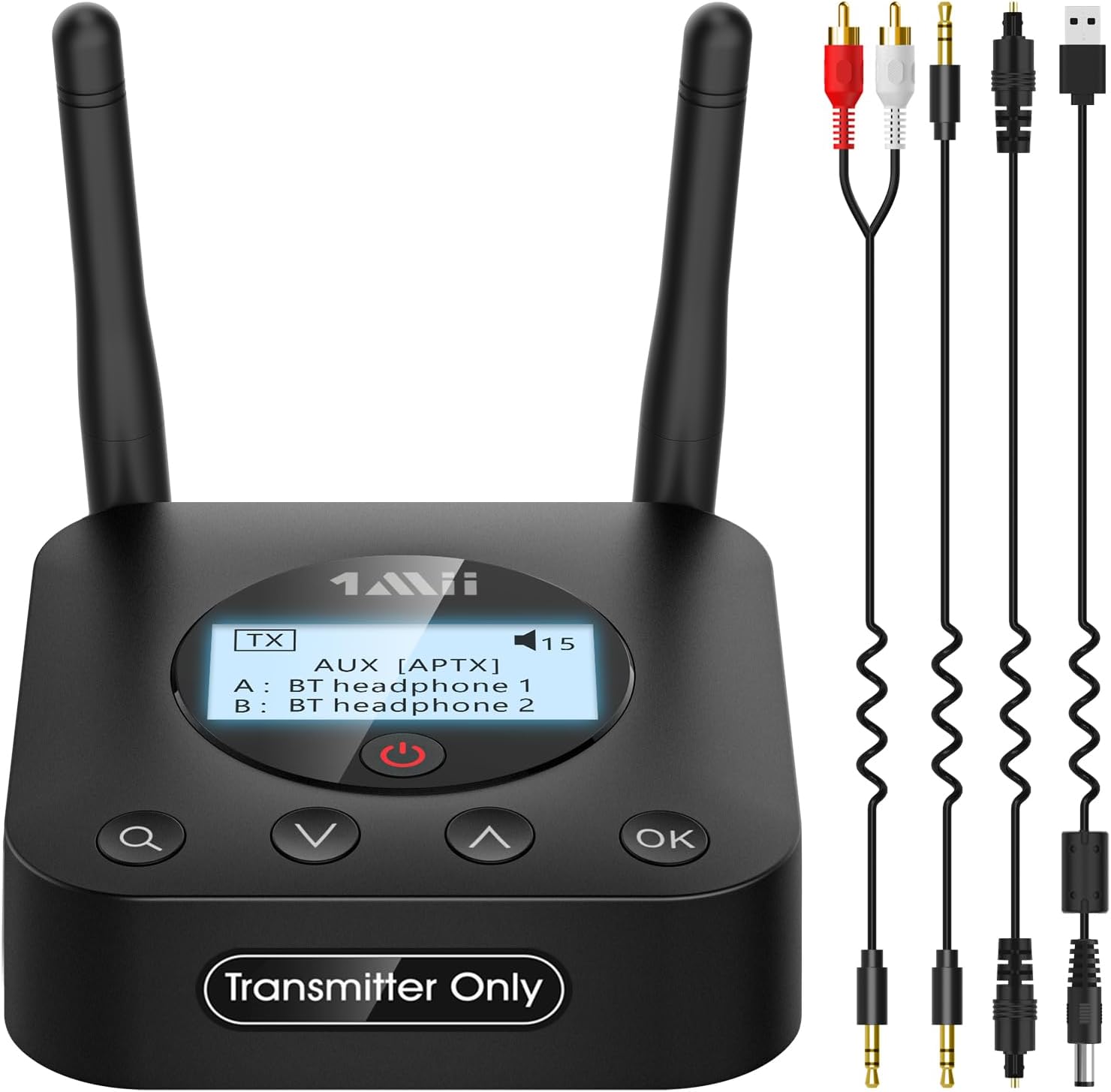 1Mii B06TX+ Long Range Bluetooth 5.2 Transmitter for TV/PC/Projector to 2 Wireless Headphones/Speakers, Bluetooth Adapter for TV w/Screen Display Plug n Play, aptX Low Latency & HD Audio black