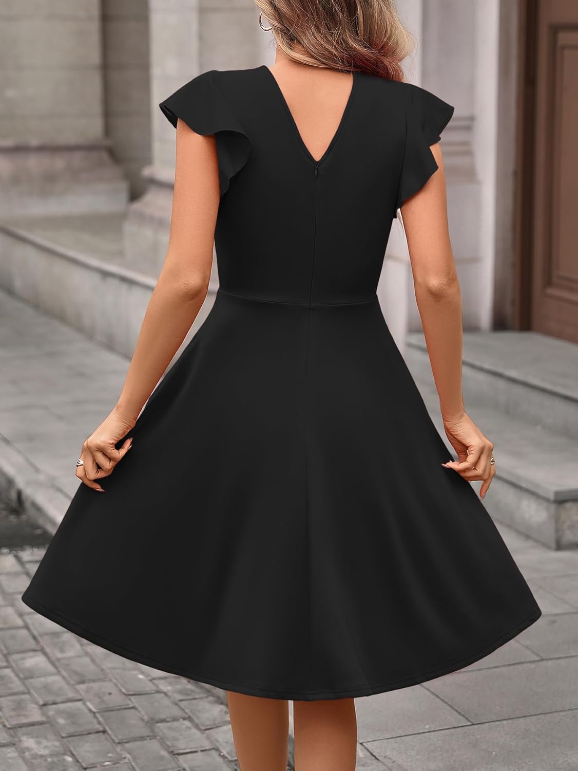 MSLG Women's Fit and Flare Ruffle Short Sleeves Dresses Work V-Back Cocktail Semi Formal A Line Dress with Pockets 842 - Image 2