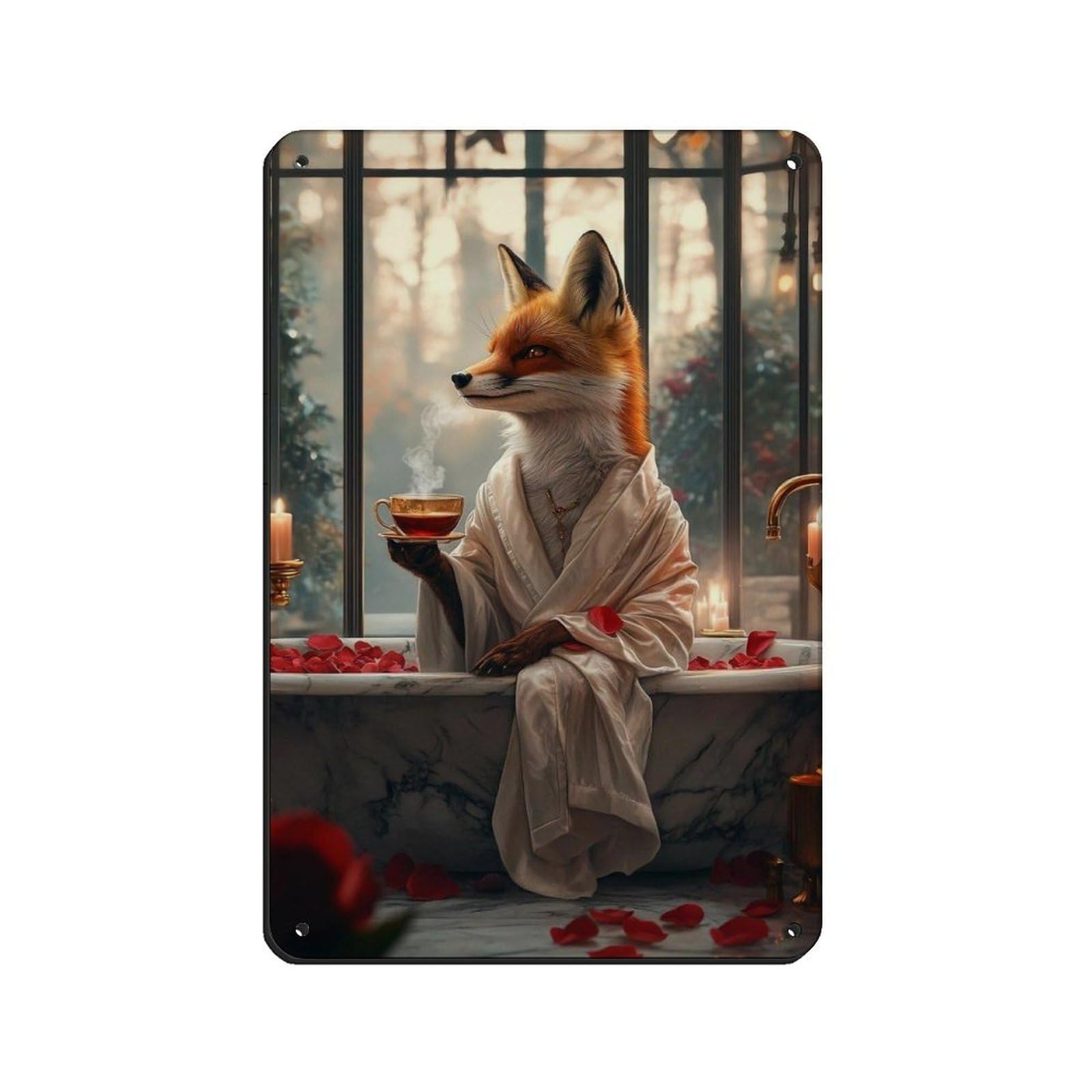 Fox in Robe, Cozy Bathtub Scene Tin Sign Vintage Metal Pub Club Cafe Bar Home Wall Art Decoration Poster Retro 8x12inch(20x30cm)