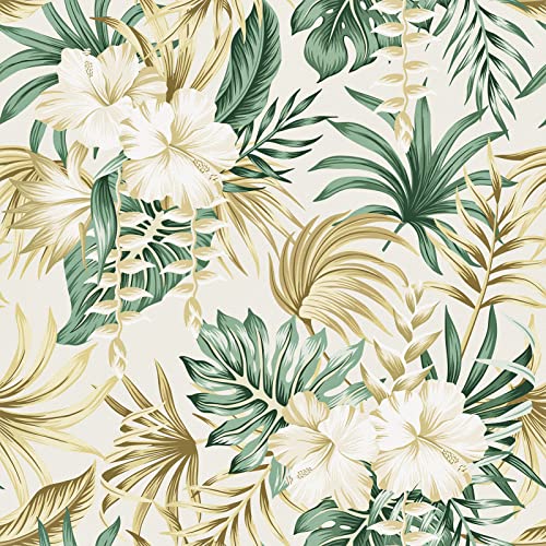 Westick Tropical Wallpaper Peel And Stick Floral Contact Paper Modern Plant Green Leaf And Hibiscus Flower Wall Paper Waterproof Bathroom Botanical Vinyl Film Roll For Nursery Cabinets 17.5 X 118 In #TOP2