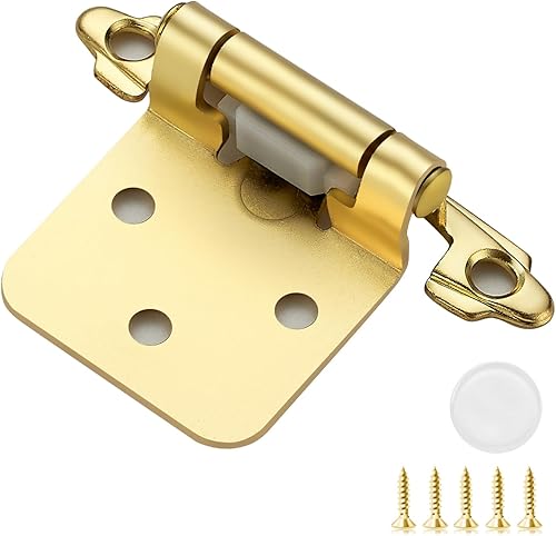 Paquete de 2 (1 pares) de bisagras superpuestas para gabinete de cocina de 1/2 pulgada, bisagras de cierre automático de latón satinado para puertas