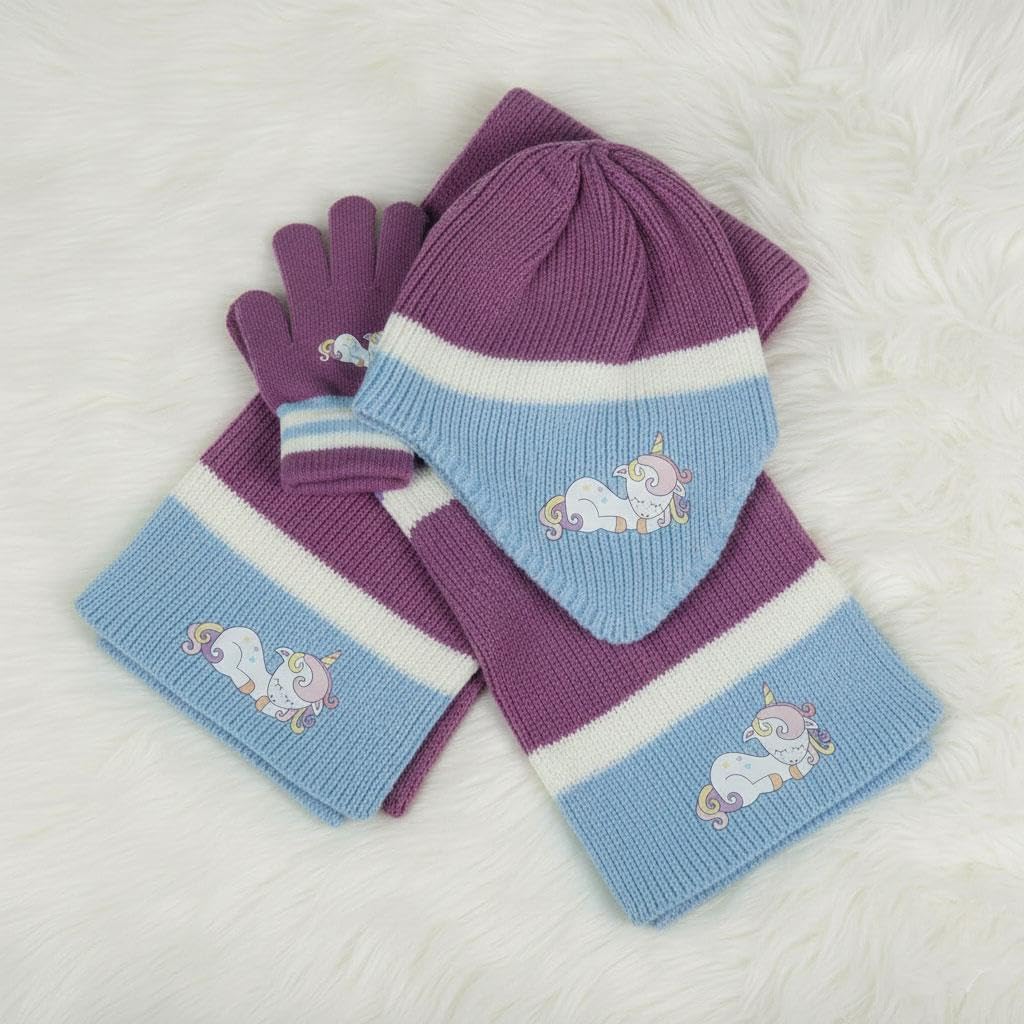 A2Z 4 Kids Girls Hat Scarf Gloves Set Knitted Unicorn Scarf Beanie Ear Flap Cap Gloves Set Durable Cozy Accessories Sets
