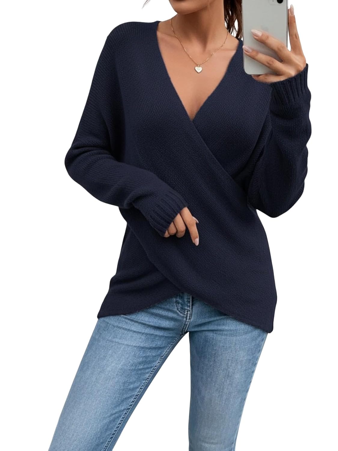 Womens Wrap V Neck Sweater Long Sleeve Soft Cozy Casual Fall Winter Pullover Tops