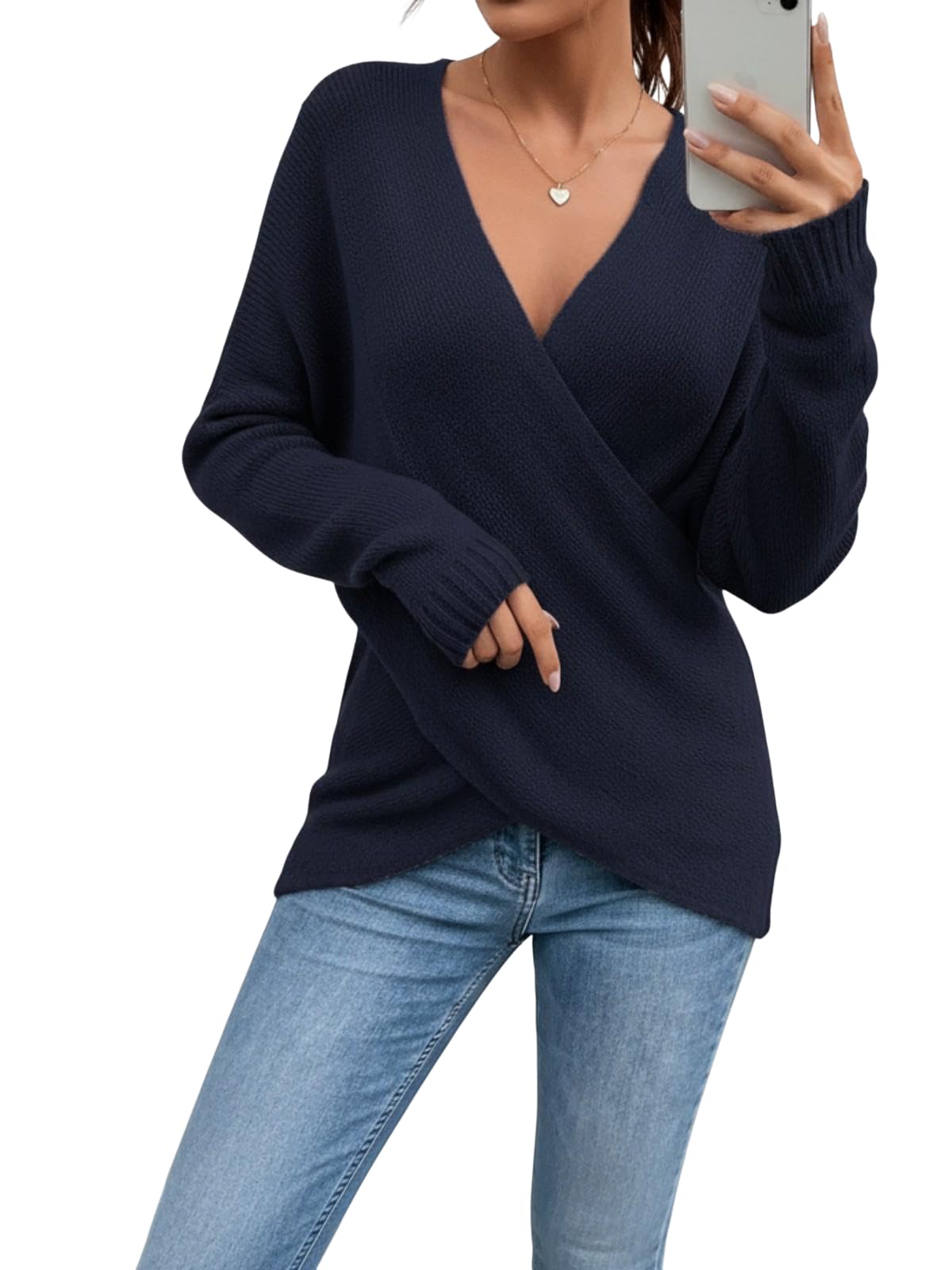 Womens Wrap V Neck Sweater Long Sleeve Soft Cozy Casual Fall Winter Pullover Tops