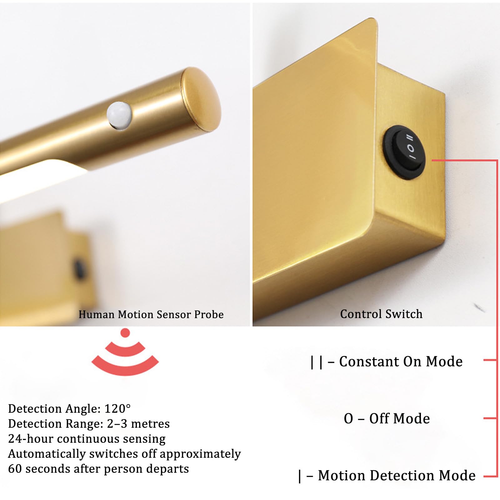 LED Spiegelleuchte Bad mit Bewegungsmelder Modern Wandleuchte Faltbar Einstellbarer Winkel Wasserdicht Wandbeleuchtung Bildbeleuchtung für Schminktisch Badezimmer (Goldenes Neutrales Licht,50cm)
