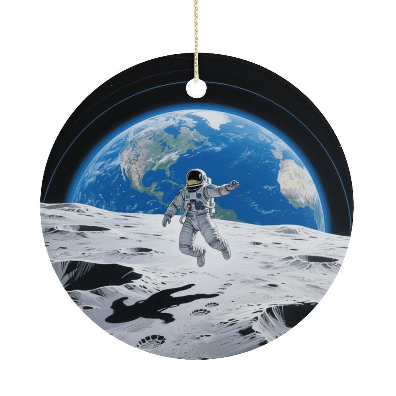 Personalized Christmas Ornaments 2025 Ceramic Hanging Astronaut Moon Jump Ornaments with Gold String Double-Sided Vintage Holiday Decorations for Tree Mantel Tabletop Xmas Party Favors