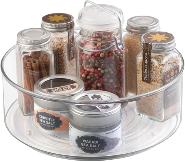 mDesign Lazy Susan Turntable Condiment Holder Plastic Revolving Condiments and Spice Rack Kitchen Storage Unit for Cooking Oil, Ingredients, Bottles and Jars 22.9 cm Diameter x 8.6 cm Clear