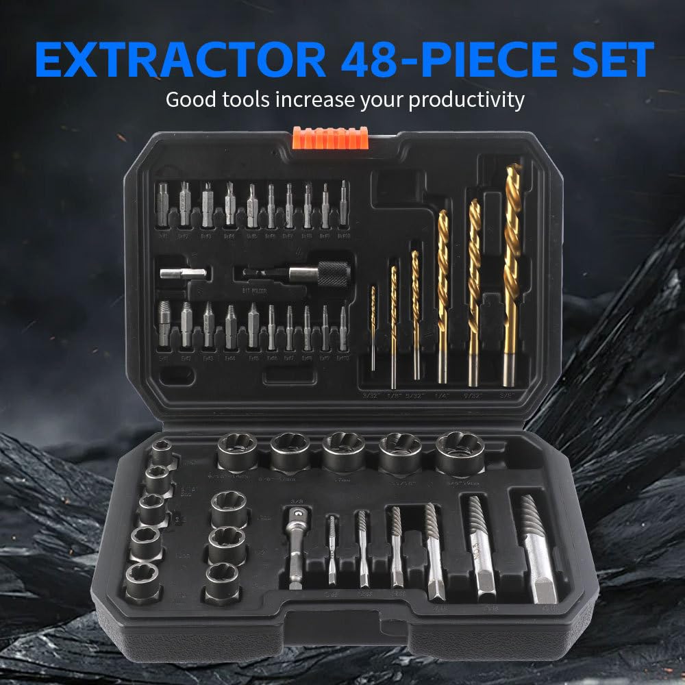 48-Piece Impact Bolt Extractor Screw Remover Set with HSS Bits Spiral Extractors Adapters Solid Carrying Case for Removing Damaged Rusted Fasteners