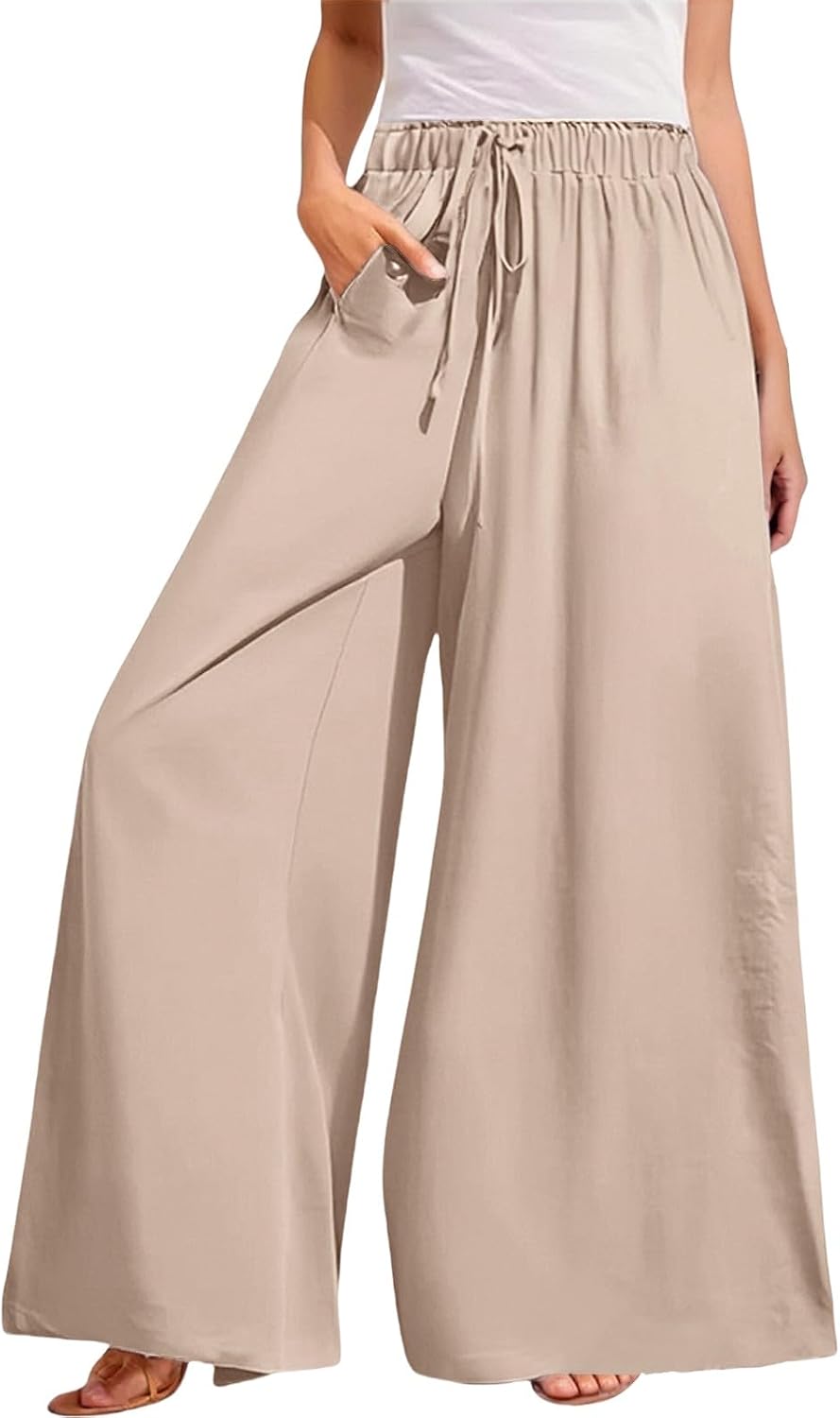 Women's Plus Size Pants Wide Leg High Waist Flowy Casual Palazzo 2025 Summer Lounge Boho Beach Trousers Pockets