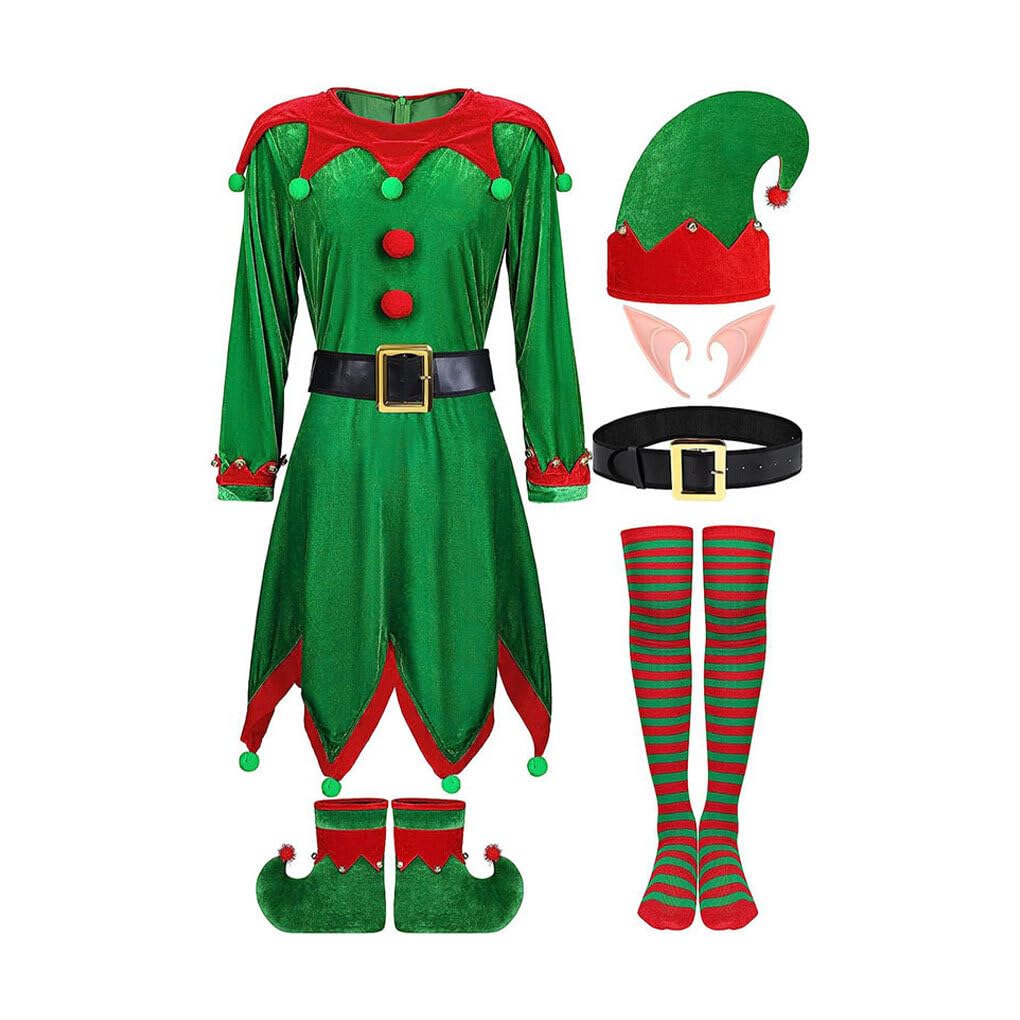 Disfraz de Papá Noel fácil de limpiar y reutilizable para fiesta de Navidad, conjunto de disfraz de elfo navideño de poliéster para mujer