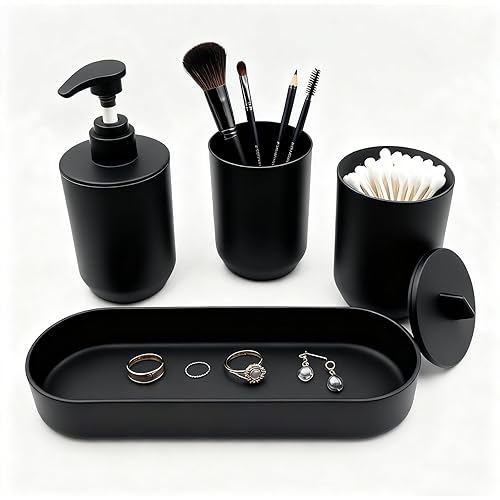 Lightweight Bathroom Accessories Set - 4 Pcs Bathroom Accessory Sets with Toothbrush Holder,Lotion Soap Dispenser,Qtip Holder Dispensr & Vanity Tray,Bathroom Countertop Vanity Oganizer（Matte Black）