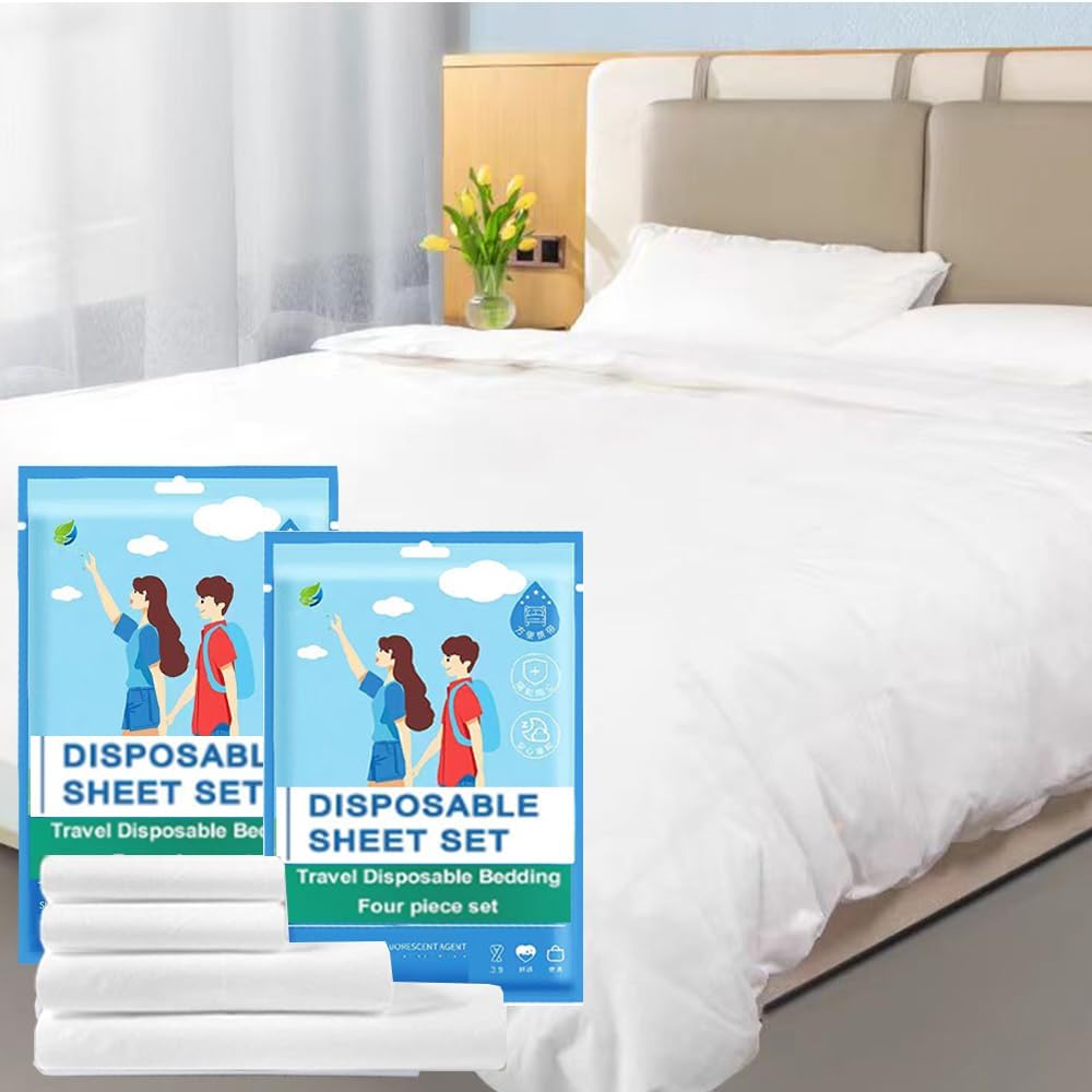 Disposable Bed Sheets Travel Bedding Set Sheet King Size, Portable Cotton Disposable Travel Sheets Hotel with Quilt Cover and Pillowcase for Travel Camping Business Essentials (2 Pack- 8 Piece)
