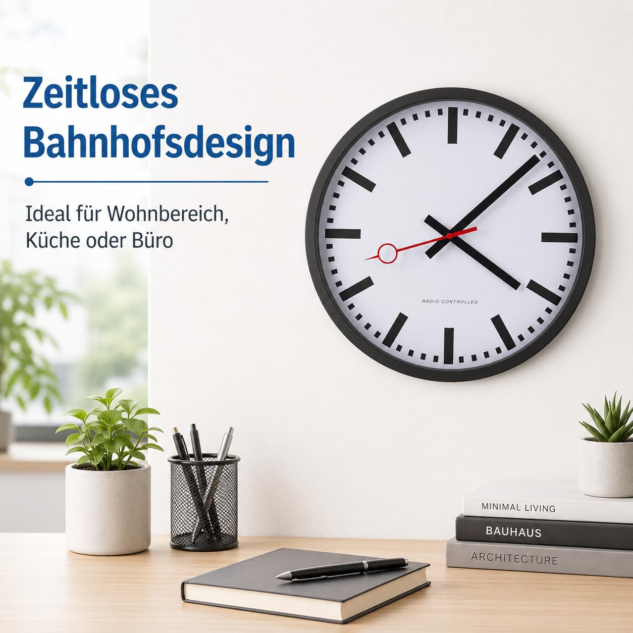 Eurotime Funkwanduhr, 35 cm, im Bahnhofsdesign, geräuscharmes Funkwerk, kein Ticken, Metallrahmen Mattschwarz, automatische Zeitein- und Zeitumstellung, für Wohnbereich oder Büro, 59530-05