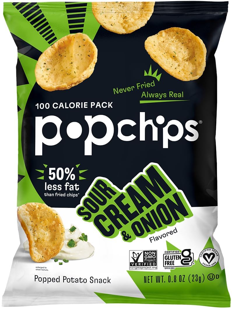 Popchips Potato Chips, Sour Cream & Onion, 24 ct Single Serve 0.8oz Bags, Low-Calorie and Gluten Free, Salty Snacks for Adults and Children, Kosher Snack