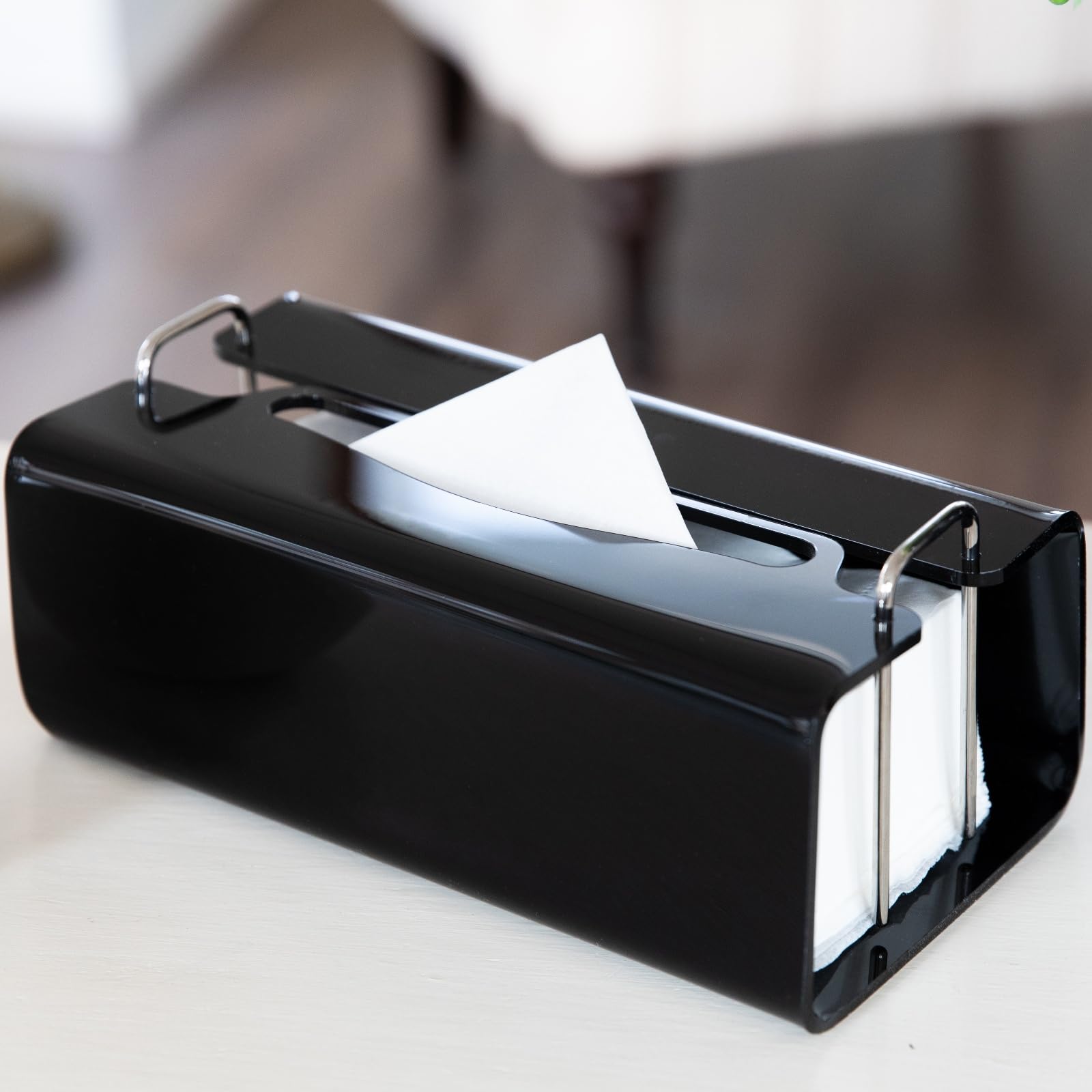 Acrylic Tissue Box Holder Rectangle​ with Curved Design - Decorative Modern Glossy Black Tissue Box Cover with Silver Metal Accents for Bathroom/Living Room/Office Décor