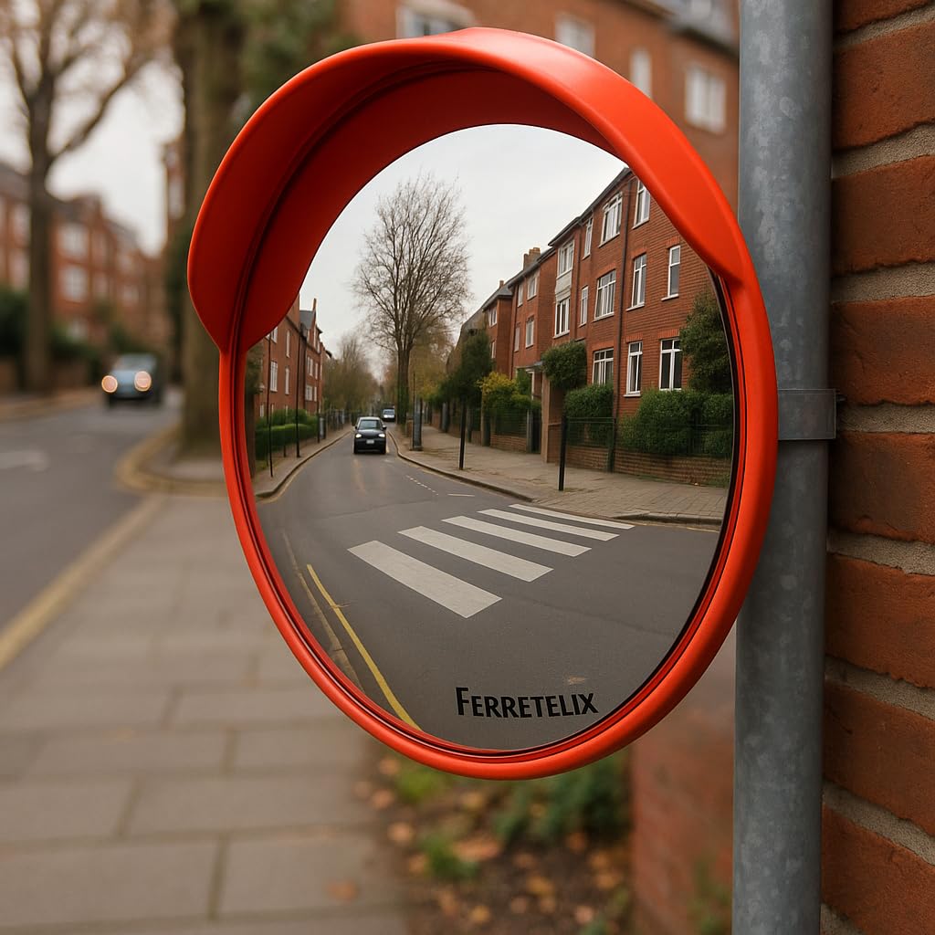 FERRETELIX® Miroir Convexe de Sécurité 60 cm – Incassable – Avec Visère – Support Réglable pour Poteau Inclus – Usage Extérieur