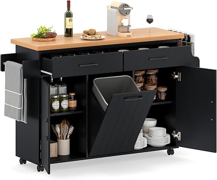Rolling Kitchen Island with Trash Can Storage, Large Kitchen Cart on Wheels with Adjustable Shelves, 2 Drawers, Spice Rack and Towel Bar, Mobile Island Table for Dining Room Black