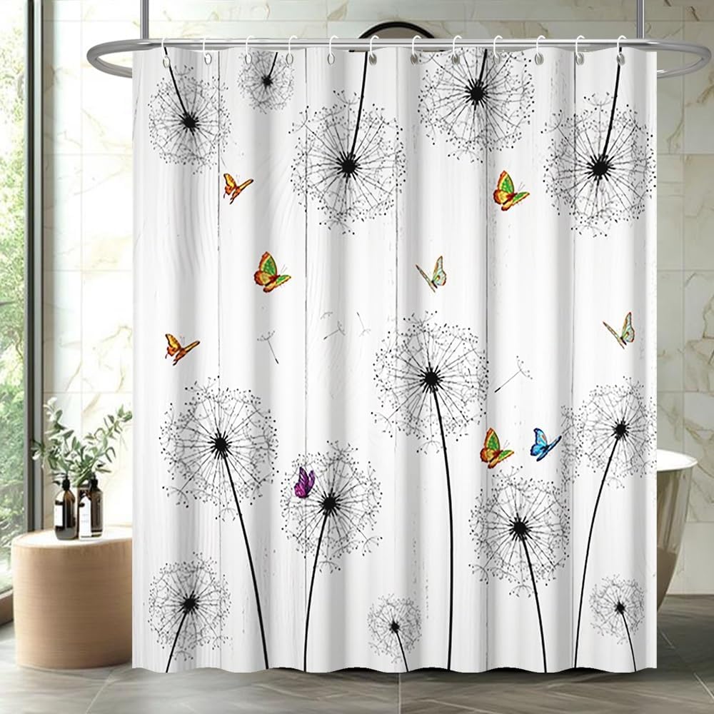 Modern Concise Themed Shower Curtain Colorful Butterflies Flying Dandelion on Wooden Board Rustics Bath Curtain for Farmhouse Bathroom Decor Waterproof Fabric Polyester with Hooks,72x84inch