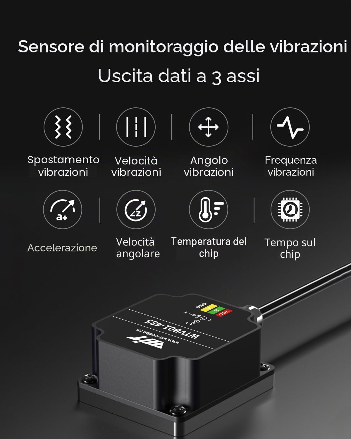 [Sensore di vibrazione Modbus RS485] Trasduttore impermeabile WTVB01-485 IP68, rilevatore di vibrazioni con accelerazione a 3 assi (frequenza+spostamento+velocità), modulo di monitoraggio del motore