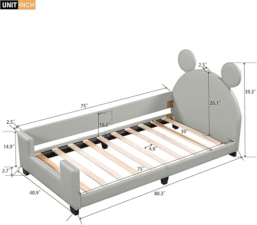 Miniatura 2 de Altillo Cama de plataforma tapizada de cuero de tamaño individual con cabecero de orejas, bonito marco de cama con orejas decorativas para