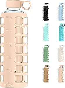 purifyou 40oz / 32oz / 22oz / 12oz Borosilicate Glass Water Bottle with Time & Volume Markers, Silicone Sleeve, Stainless Steel Lid | Reusable Glass Bottle for Water & Juice (40oz Hazelnut)