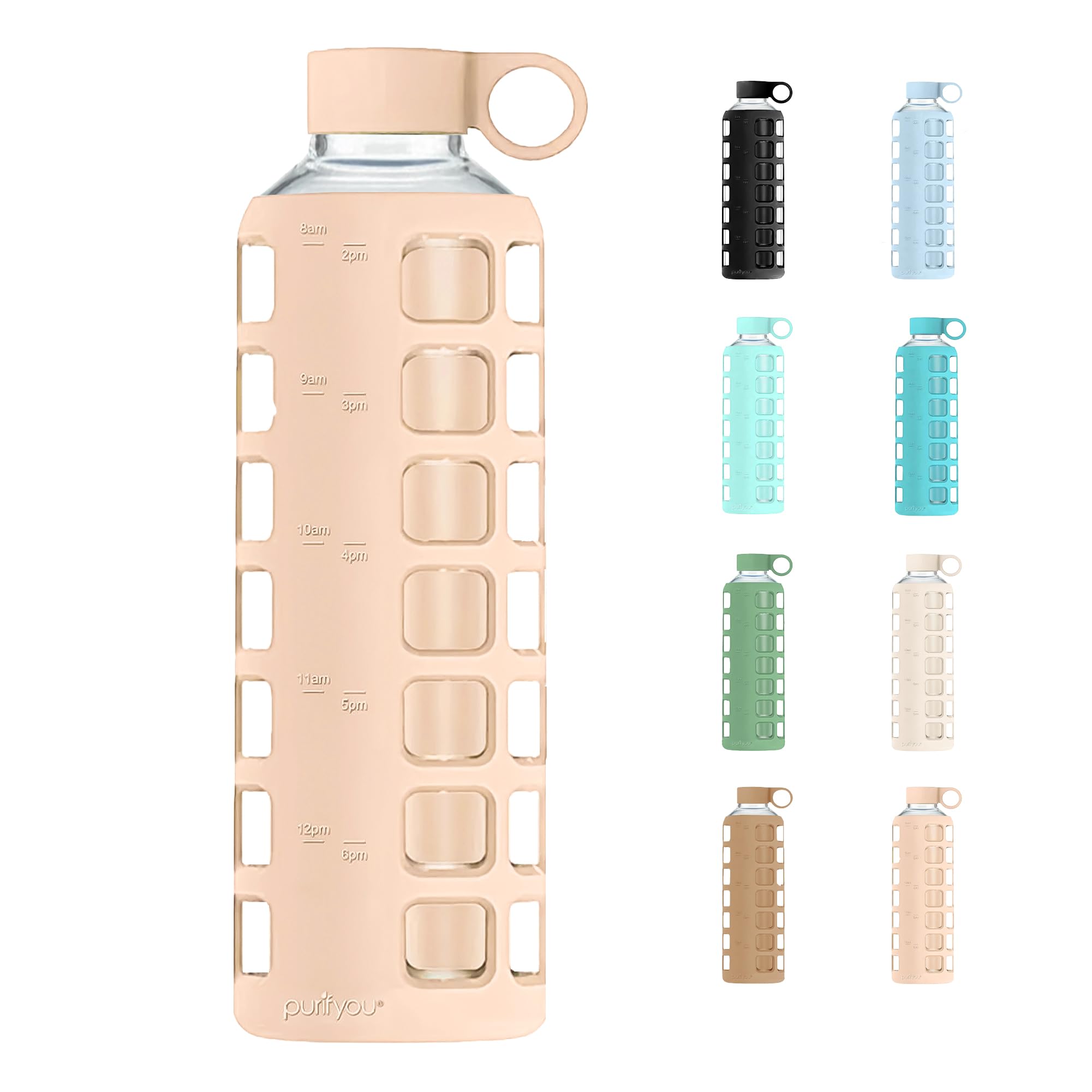 purifyou 40oz / 32oz / 22oz / 12oz Borosilicate Glass Water Bottle with Time & Volume Markers, Silicone Sleeve, Stainless Steel Lid | Reusable Glass