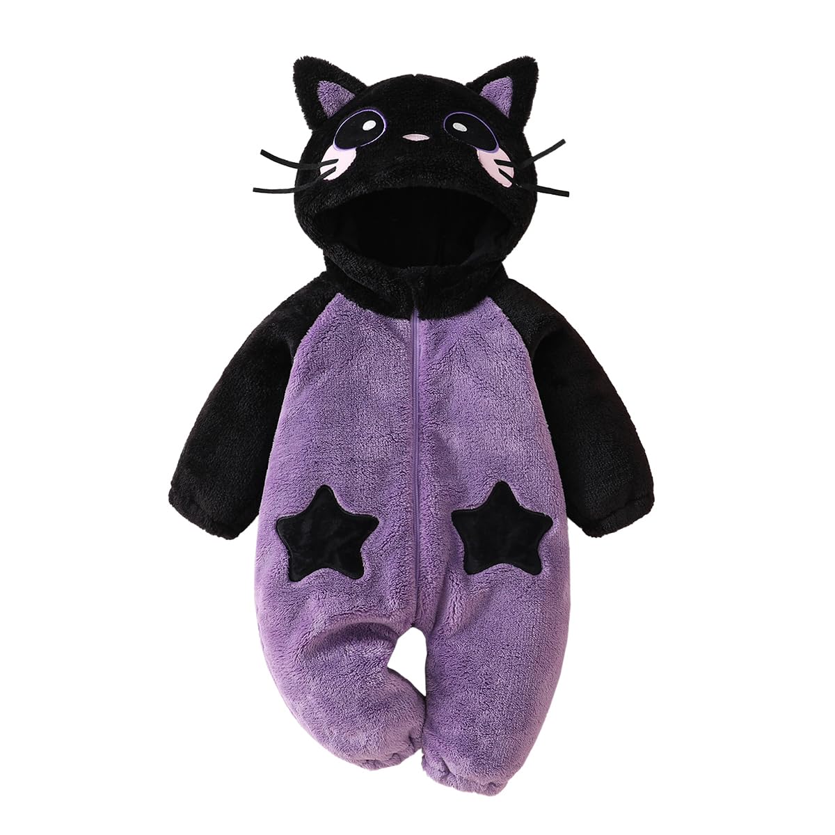 Xeadoffubio Toddler Baby Girl Boy Halloween Animal Costume Black Cat Costume Shark Costumes Fuzzy Warm Fall Winter Animal Jumpsuit Halloween Dinosaur Outfit (Black Purple, 3-6 Months) โ image 1