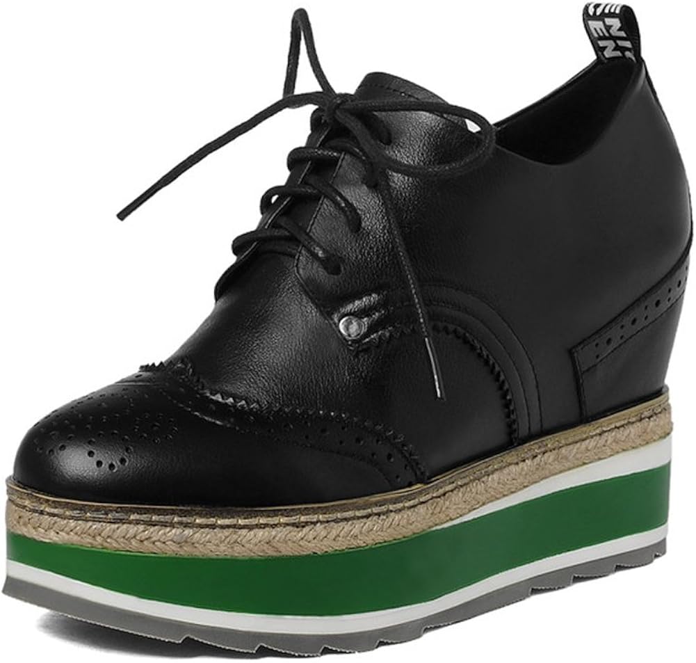 zend Womens Wingtips Platform Wedge Oxford Shoes,Black/7.5