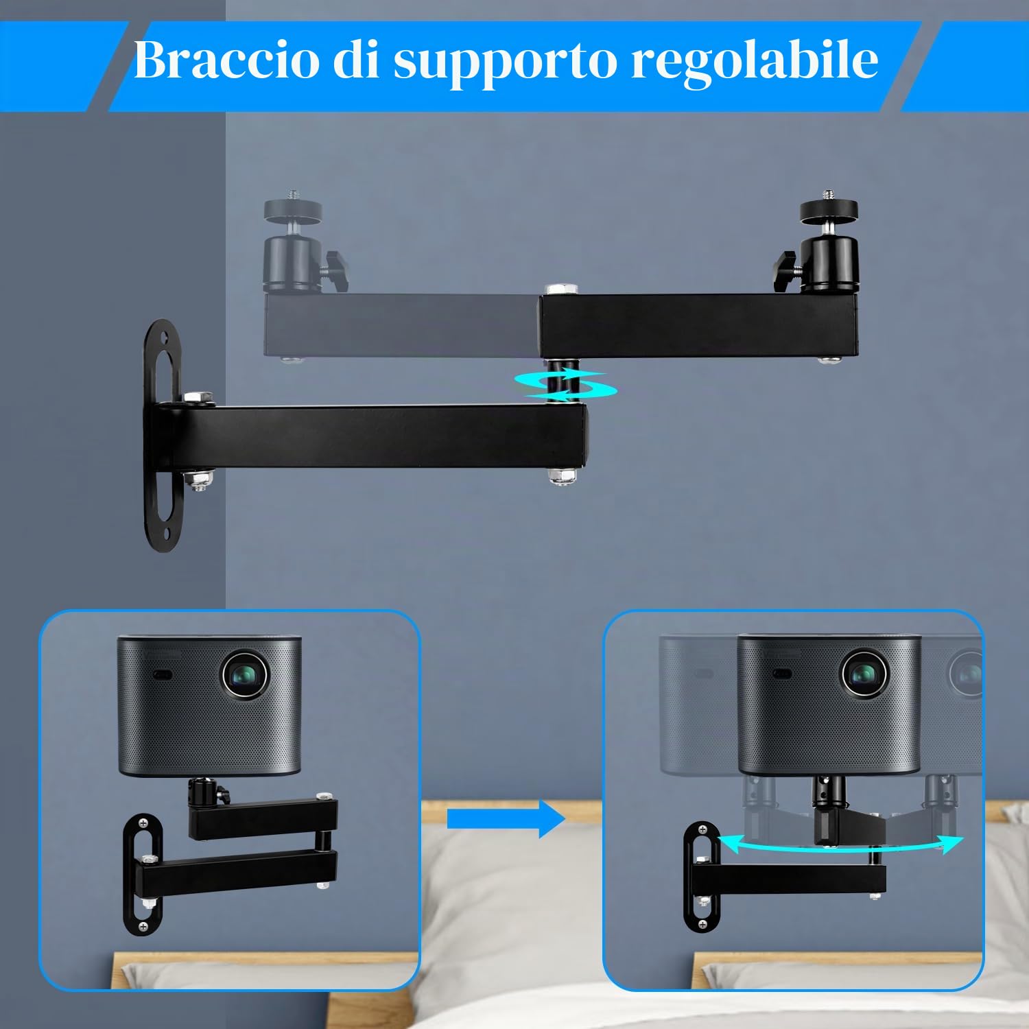Supporto Per Proiettore A Parete, Staffa In Metallo Multiangolo Regolabile Proiettore/Supporto Monitor Con Interfaccia Vite Da 1/4 Di Pollice Braccio Articolato