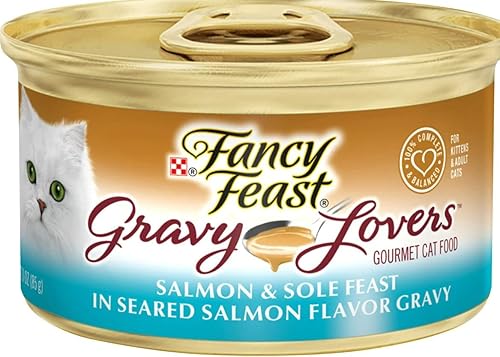 Miniatura 2 de Fancy Feast Gravy Lovers Salmon & Sole Feast - Comida para gatos con sabor a salmón chamuscado, 3 onzas, 12 latas con un juguete de ratón