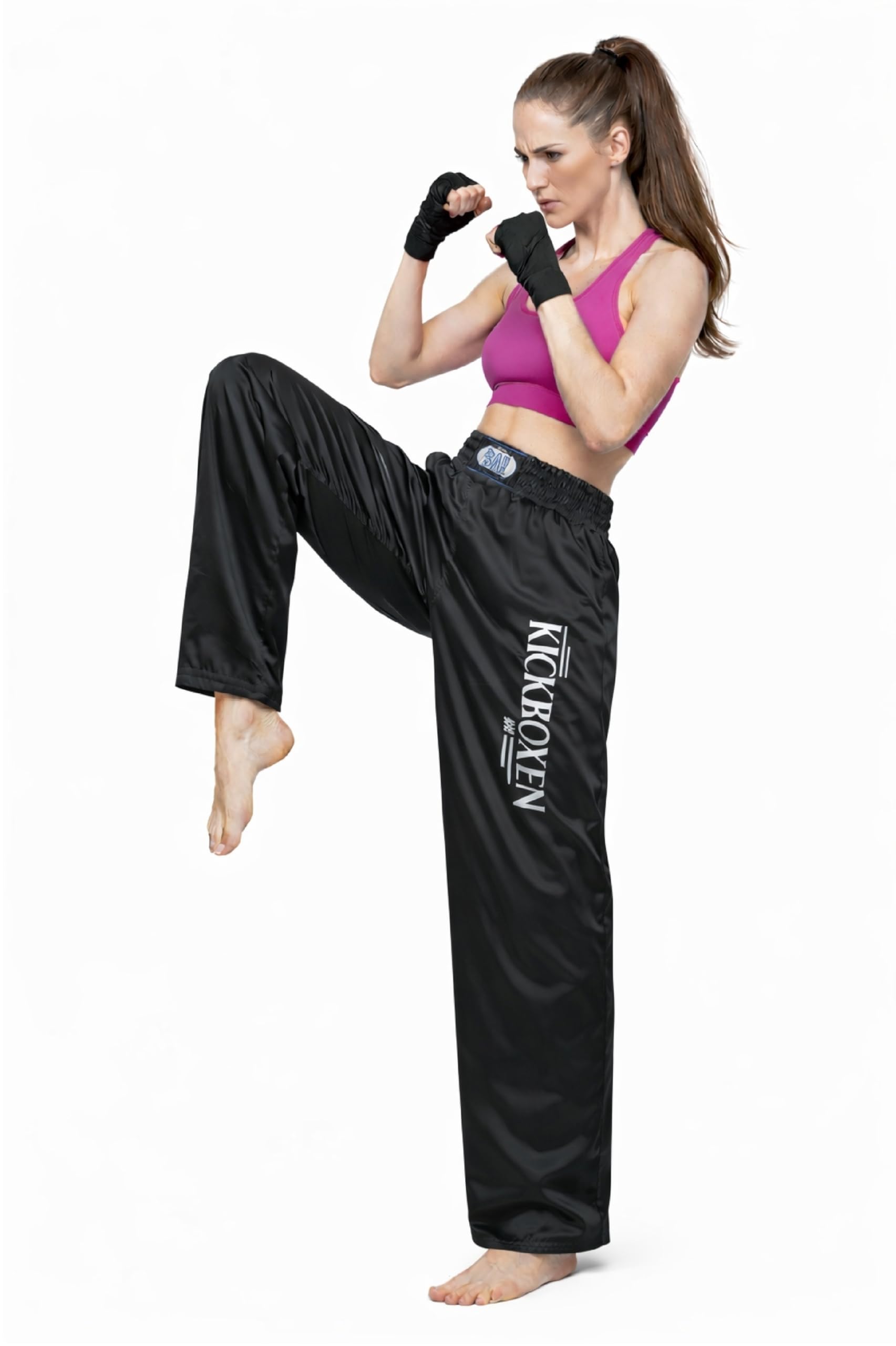 BAY Edel Stick Kickboxhose Kampfsporthose Schwarz lang Polyester gestickter Schriftzug Kickboxen Größen 6XS - XXL
