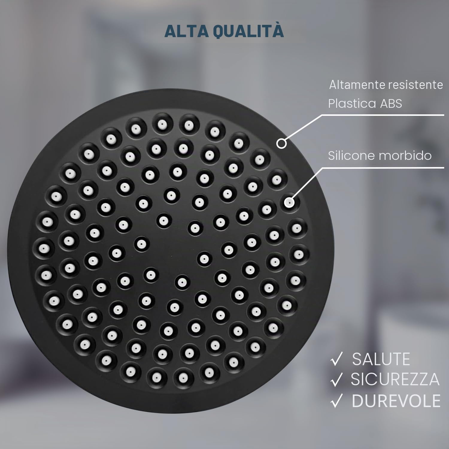 Soffione Doccia Anticalcare Fisso Pioggia Rotondo Regolabile 360° Pulizia Automatica Negro