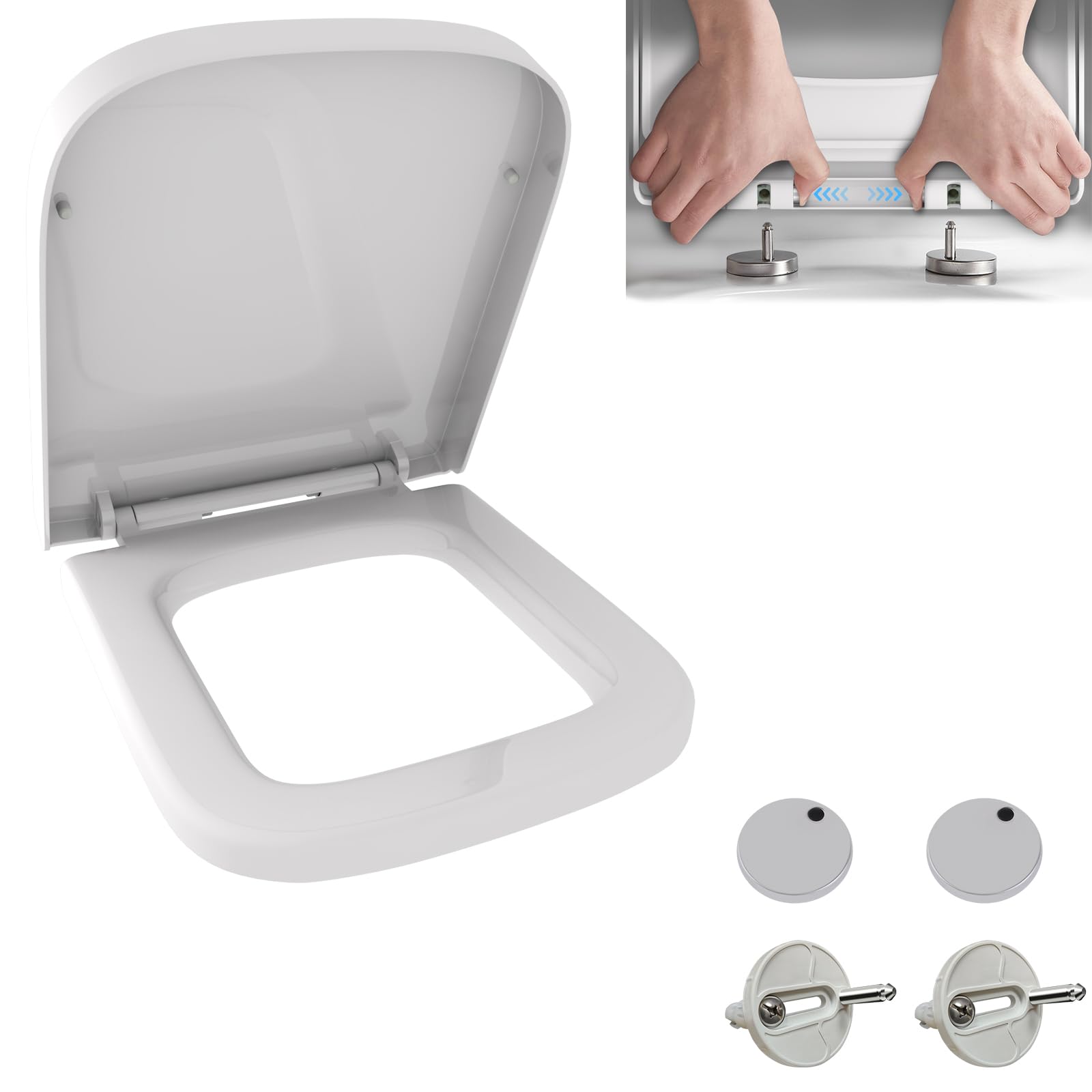 Square Toilet Seat, Soft Close Toilet Seat with Quick Release for Easy to Clean, Heavy Duty Anti-Bacterial Toilet Seat Covers, Top Fix 360 Adjustable Hinges, White Duroplast Toilet Lid Loo Seat