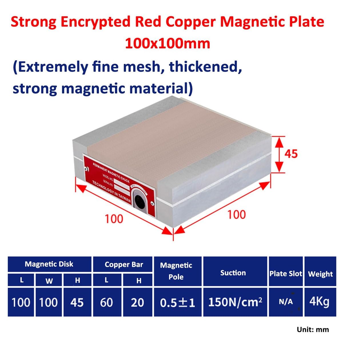 Mandrin magnétique permanent, 0,5 ± 1 pôle magnétique, force d'aspiration de 150 N/Cm2, ventouse en cuivre rouge, outil de maintien pour applications magnétiques (100 x 100 mm)
