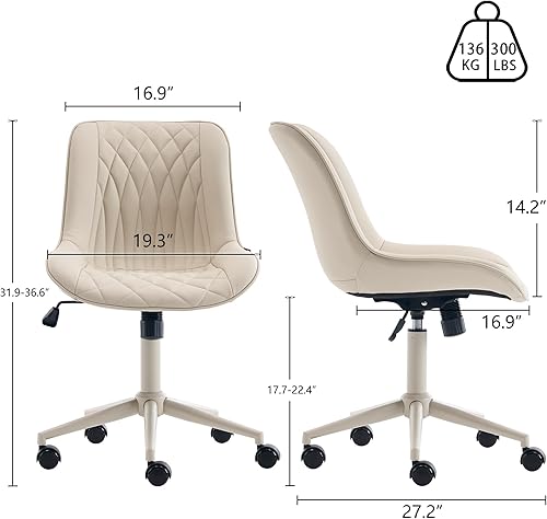 Miniatura 2 de YOUNIKE Silla de escritorio de oficina en casa con ruedas, silla de tocador sin brazos con respaldo cómoda y moderna tapizada de cuero, silla