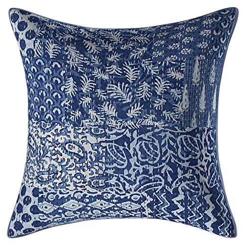 Stylo Culture Bohemio Fundas De Almohadones Decorativa 40x40 cm Algodón Patchwork Forros para Cojines Dormitorio Azul Índigo Patchwork Kantha Cuadrado sobre Fundas para Cojines De Sofas   1 Pc
