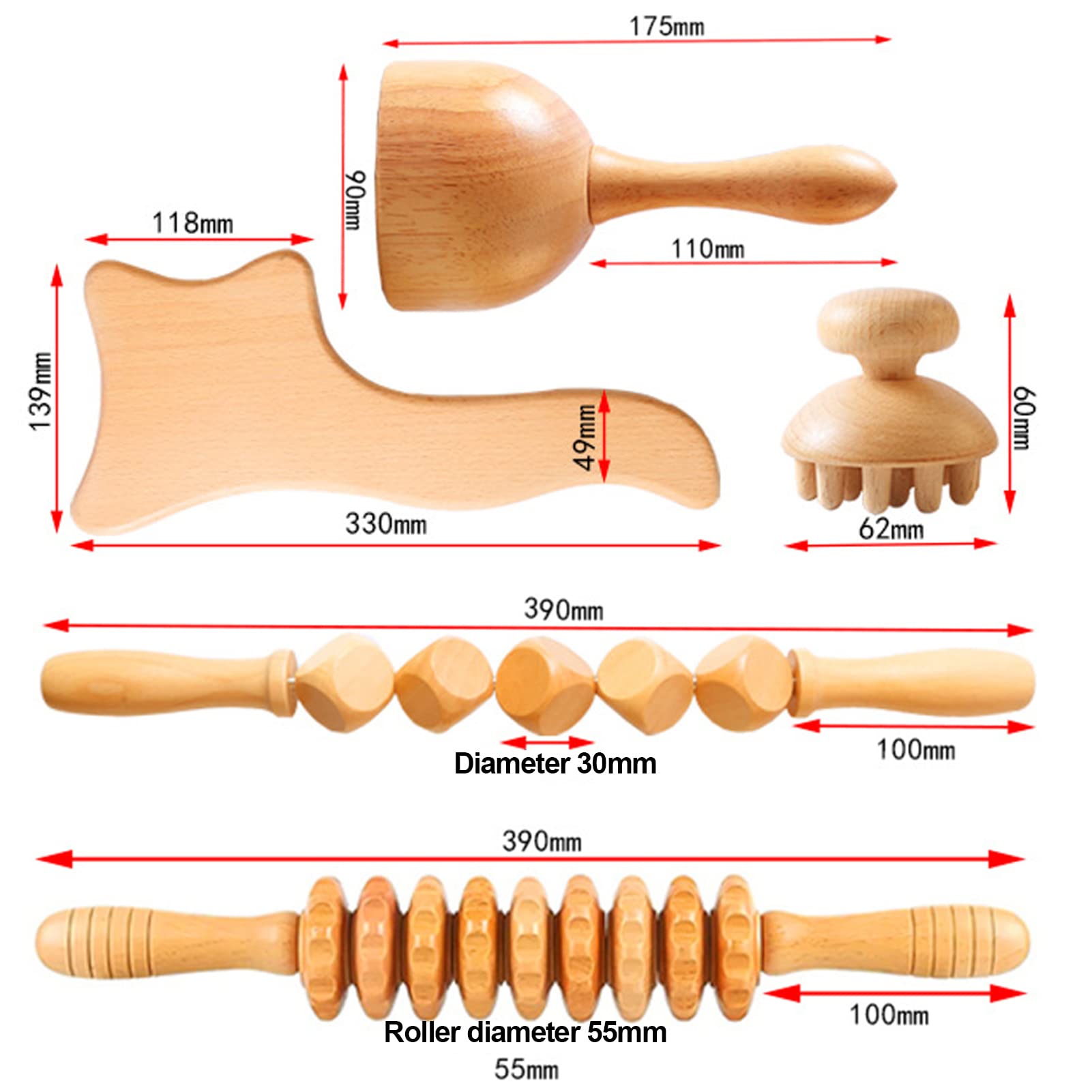 Rouleau Massage Bois, 5 en 1 Maderotherapie Kit Complet Cellulite, Masseur Bois de Anti Cellulite, Anti Cellulite Drainage Lymphatique Gua Sha Masseur Pour Le Cou, Gua Sha Pour Corps