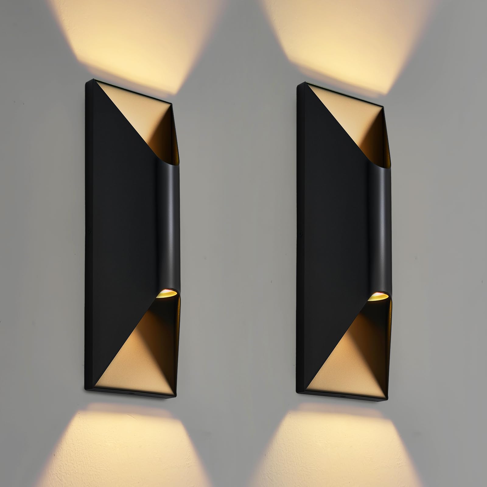 TPSHPTS Outdoor Wall Light Fixtures 2 Pack, 15" Up and Down Waterproof Porch Wall Sconce, Replaceable Bulb, 3000K LED, Modern Black Outside Lights for House, Front Door, Garage