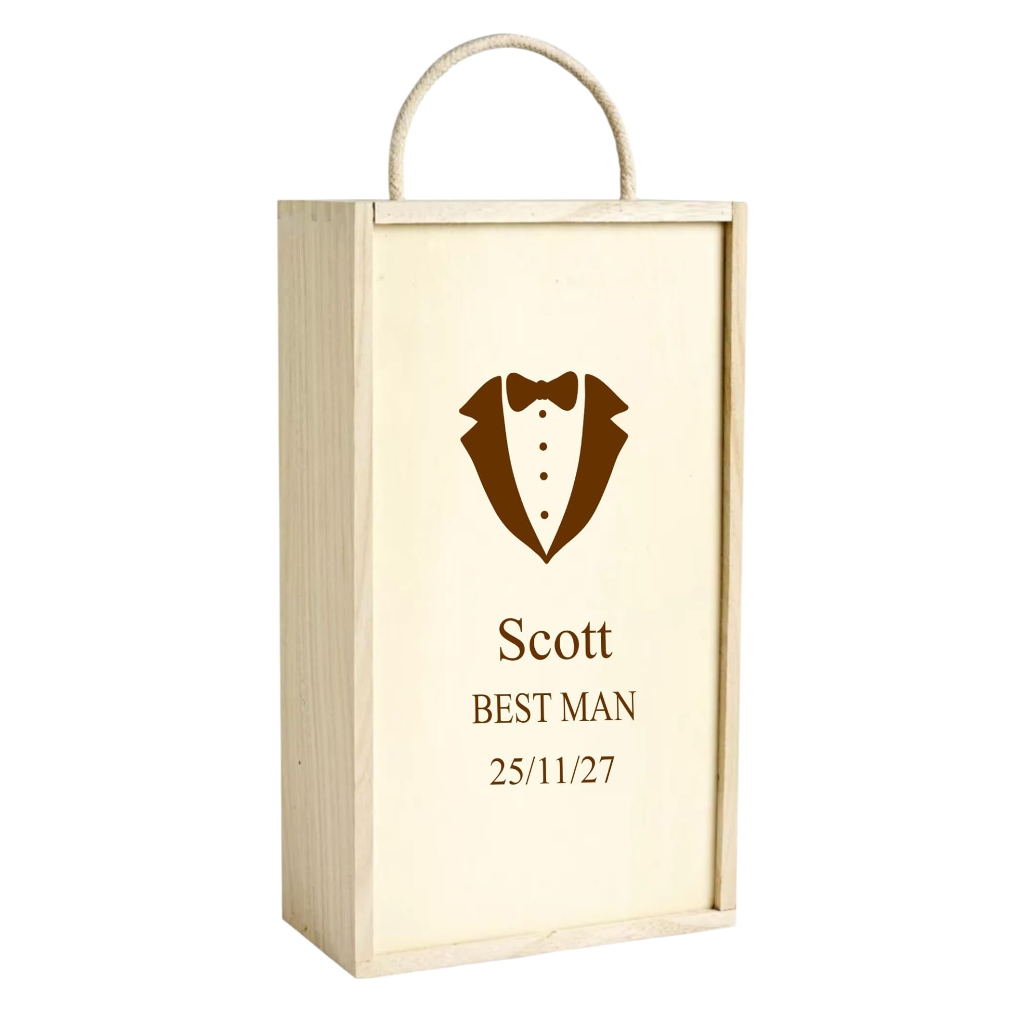 1Stclassgifts [Custom] Personalised Engraved Tuxedo Design Wooden Wine Bottle Box Selection Of Box Sizes Birthday Wedding Retirement Anniversary Christmas (Double Bottle)