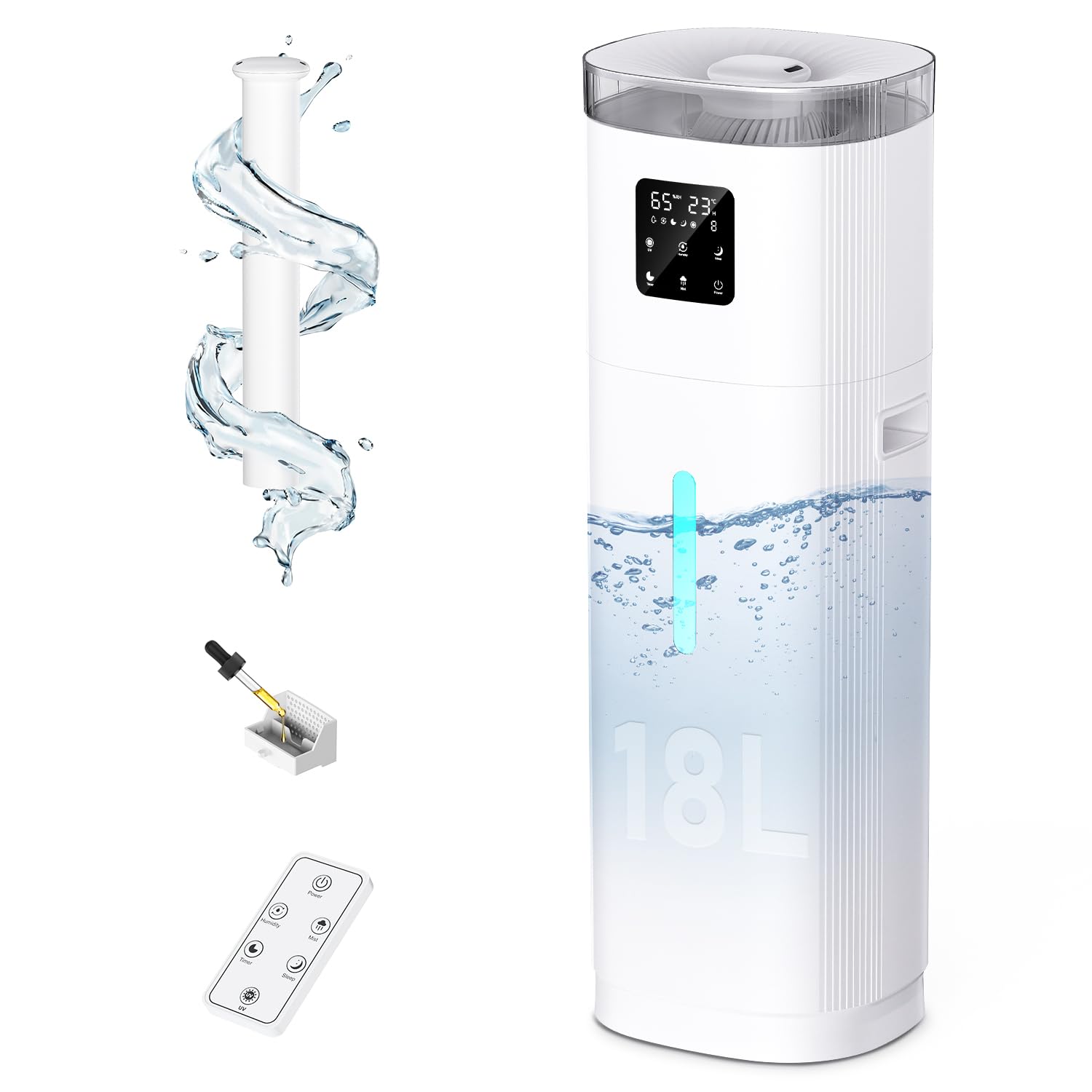 Humidifiers for Large Room, 18L Quiet Humidifier for Whole House 2000ft², 800ml/h Cool Mist, 30%-95% Custom Humidity, Extension Mist Tube, Remote Control, Aroma Box,60H Runtime