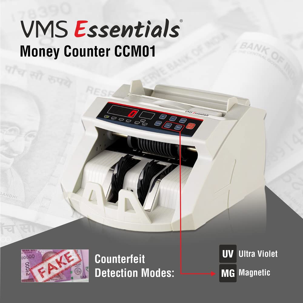 VMS Essentials CCM01 licznik walut – zaawansowane wykrywanie podróbek za pomocą czujników UV, MG, podwójnego wyświetlacza LED i rocznej gwarancji w zestawie