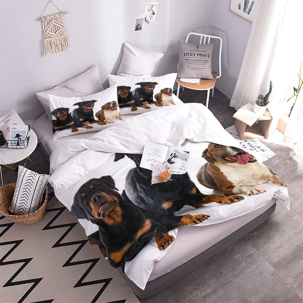 Dekbedovertrekset Rottweiler 3D-bedrukt beddengoed dekbedovertrek set 3 stuks zachte microvezel dekbedovertrek met ritssluiting en 2 kussenslopen voor kinderen en tieners - 155 x 220 cm