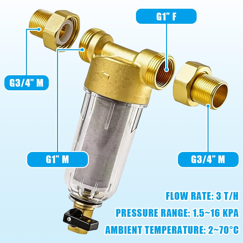 Filtre à Eau à Sédiments Spin Down, Pré-Filtre Fin Rinçable de 1 Pouce, Filtre Eau Réutilisable avec Adaptateur 3/4", pour Tuyau d'Eau De Puits | Préfiltre à sédiments réutilisable avec adaptateur 3/4", filtre à eau Spin Down