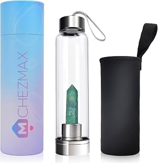 ChezMax Crystal Glass Water Bottle Energy Quartz Gemstone Water Bottle with Changeable Natural Crystal Center for Healing and Wellness Green Fluorite