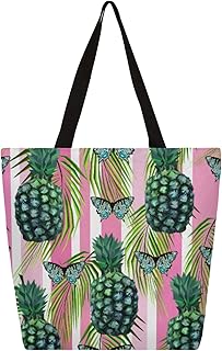 Sacola de lona feminina com listras de borboleta, abacaxi, sacola grande para homens com bolsos, sacolas de compras resistentes, sacolas de compras reutilizáveis, bolsa de ombro casual para escola, trabalho, praia, Multicor