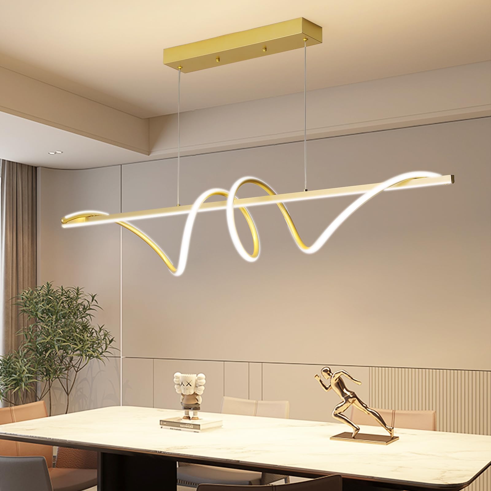 Modern LED Gold Pendant Light, 47IN Ceiling Chandelier Fixtures Dimmable with Remote Control 3000k-6500K Adjustable Color Temperature Aluminum Island Lighting Lamp for Dining Room, Living Room