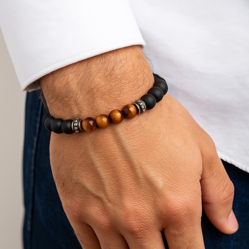Kartini Studio Natural Stone Bracelet for Men, Gift Idea for Man, Bead Bracelet for Men, Matte Black Onyx and Tiger's Eye Jewelry - Image 4